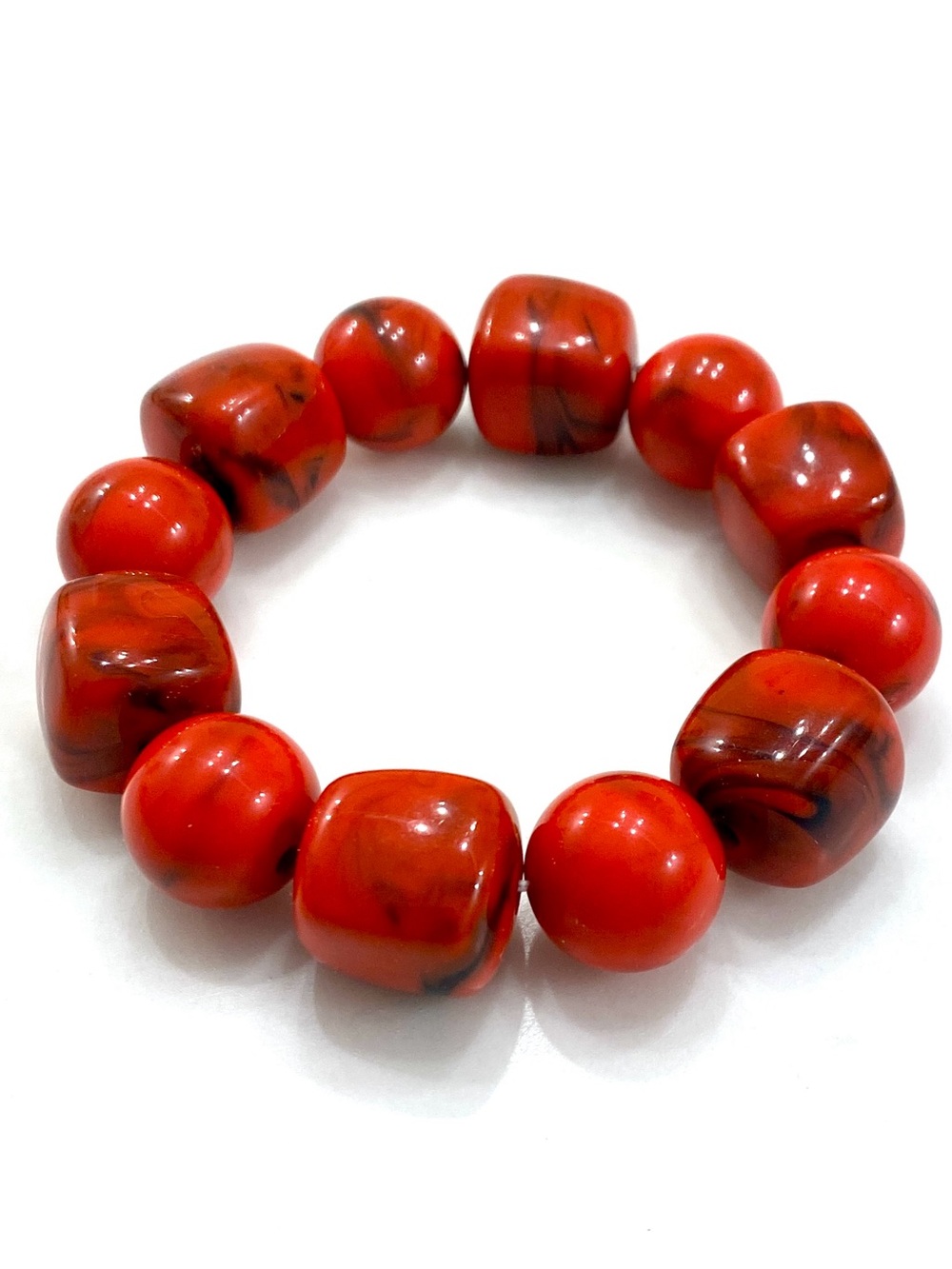 Vintage Style Red Marbled Stretch Bracelet Chunky Cherry Black Swirl Beaded